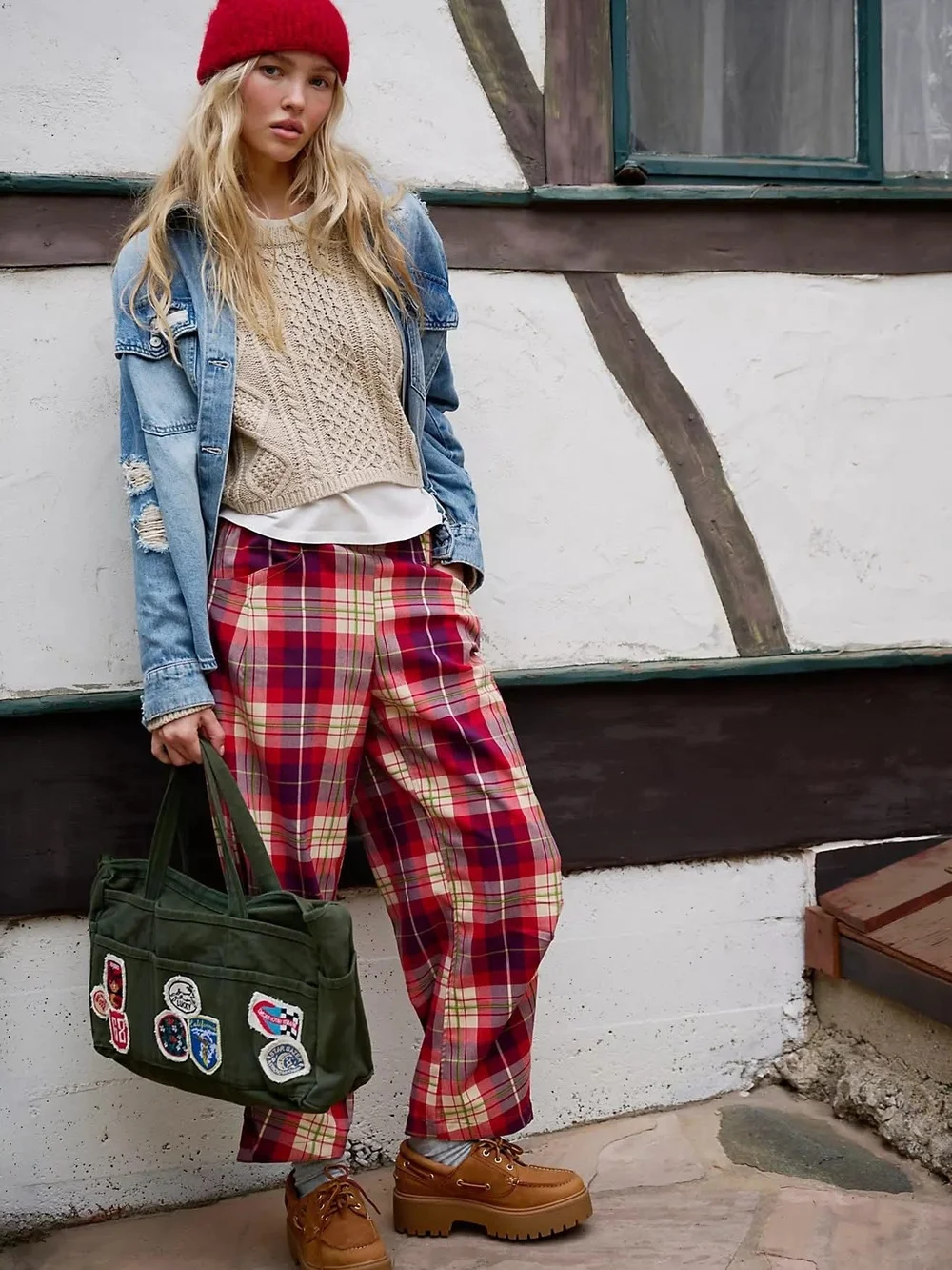 NWT Free People Nice Choice textured Plaid pull-on trousers.
